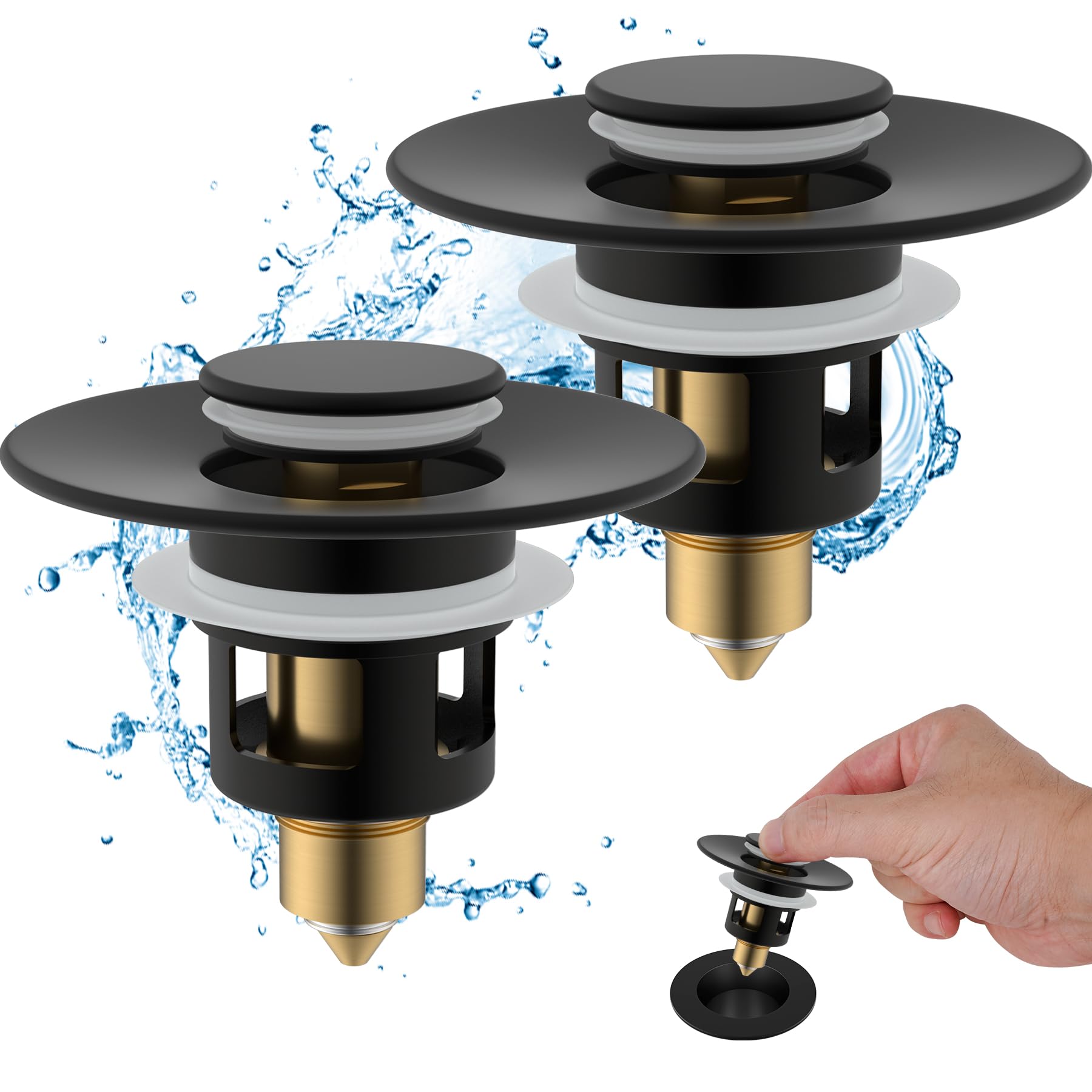 Photo 1 of Hibbent 2 Pack All Metal Universal Bathroom Sink Stopper for 1.1''~2.3'' Basin Pop Up Sink Drain Strainer, Upgraded Brass Bullet Core Push Type Sink Stopper, Anti Clogging Drain Filter, Matte Black