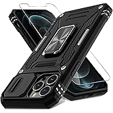 DEERLAMN Case for iPhone 13 Pro Max with Slide Camera Cover+Screen Protector(1 Pack),Rotated Ring Kickstand Military Grade Shockproof Protective Cover 6.7 Inch-Black