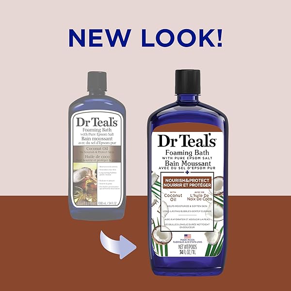 DR. TEAL’S COCONUT OIL FOAMING BATH WITH PURE EPSOM SALT (1 BOTTLE, 34 OZ) – ESSENTIAL OILS NOURISH & PROTECT YOUR SKIN – RELIEVE STRESS & REVITALIZE TIRED, ACHY MUSCLES AT HOME – LONG LASTING BUBBLES