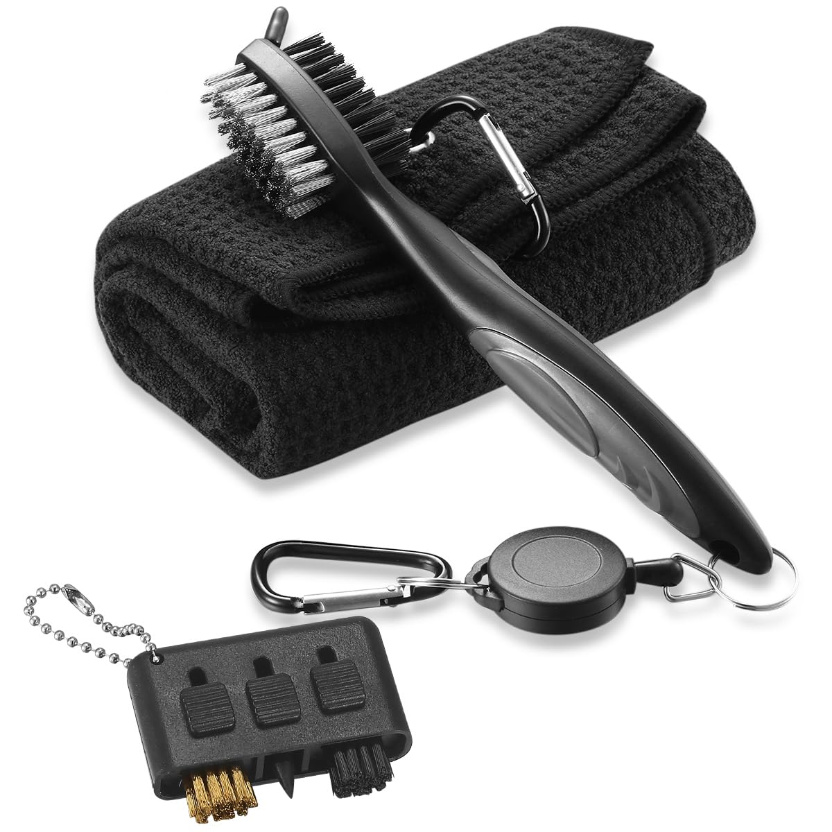 pzihao Golf Club Brush and Microfibe Towel Kit Cleaning brush, with Carabiner Clip Waffle Pattern Cleaning Tool, Golf Gifts for Men Golf Cleaniner Set