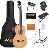 ADM Full Size Classical Nylon Strings Acoustic Guitar 29 x 75x 50mm Classic Guitarra Starter Bundle for Adult with Free Lessons, Gig Bag, Tuner, Footstool, Kids Student Beginner Kits, Nature