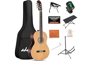 ADM Full Size Classical Nylon Strings Acoustic Guitar 29 x 75x 50mm Classic Guitarra Starter Bundle for Adult with Free Lessons, Gig Bag, Tuner, Footstool, Kids Student Beginner Kits, Nature