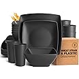 Teivio 24-piece Plastic Wheat Straw Square Dinnerware Set for 6, Unbreakable Dinner Plates, Salad Plates, Snack Bowls, Tumblers 13.5 oz, Dishwasher Safe, Black