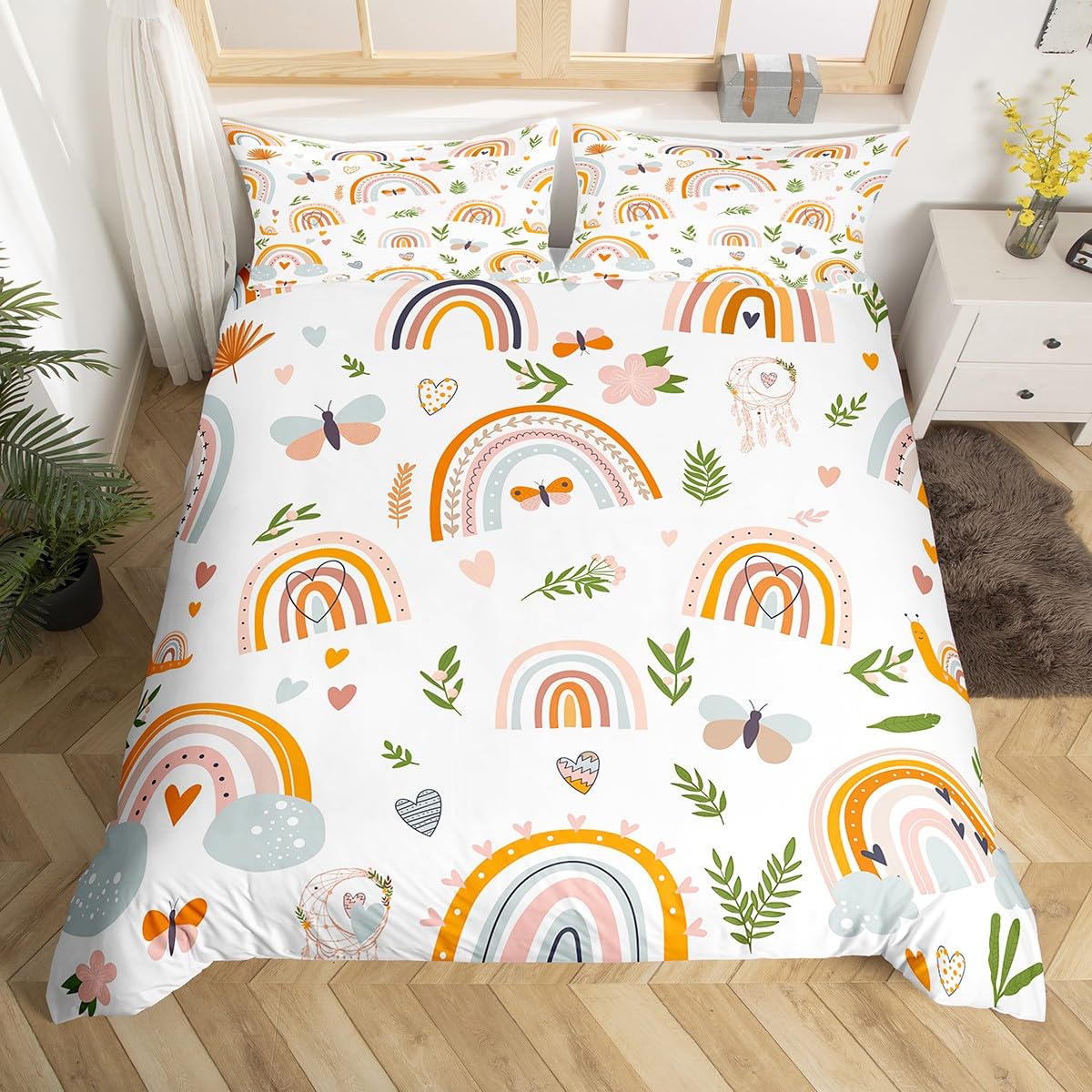 Loussiesd Rainbow Duvet Cover King Size With 2 Pillow Cases Colorful Stripes Comforter Cover Boho Rainbow Bedding Set Butterfly Bedspread Cover for Kids Adults