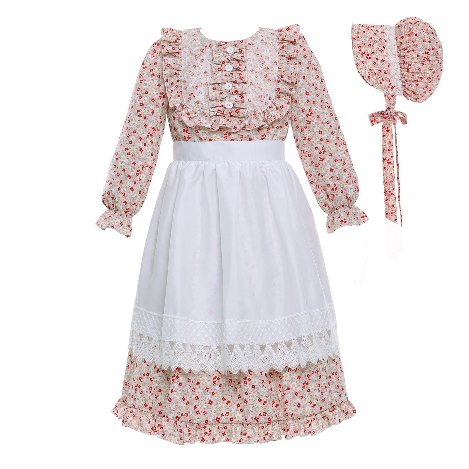Photo 1 of Vibsion Girls Pioneer Prairie Costume Pilgrim Dress Kids Floral Colonial Village Girl Costumes Bonnet Apron Set 3Pcs L