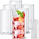 Sumind Set of 6 Square Drinking Glasse, Square Glass Cup 13 oz, Modern Highball Glassware Set, Thin Cocktail Glasses with Straws and Straw Brushes for Cocktail Coffee Water Juice Beer Drink Tumbler