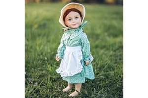 THE QUEEN'S TREASURES 18 Inch Doll Clothes, Licensed Little House On The Prairie Green Calico Dress with Apron and Straw Bonnet, Compatible for Use with American Girl Dolls
