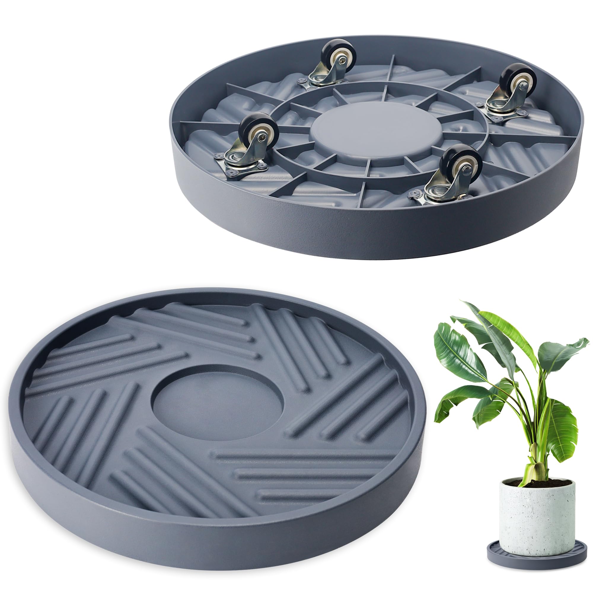 Photo 1 of REDHUGO 2PCS Round Plant Caddy with Hidden Wheels, Heavy Duty Rolling Plant Stand Caddy with Wheels, Pot Base for Indoor Outdoor, Gray, 12 inches