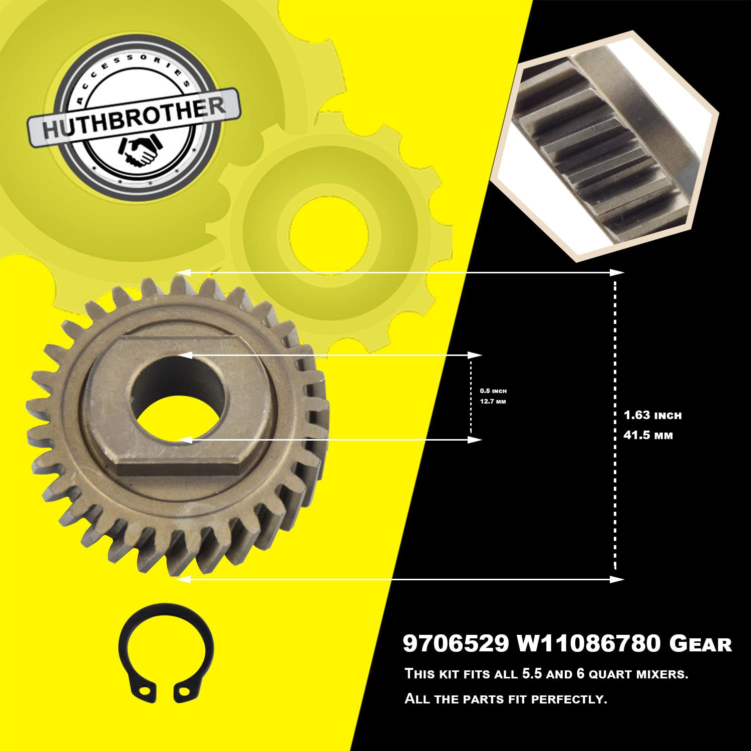 HuthBrother Worm Gear Kit Compatible With Whirlpool 5QT&6QT 9709231 Replacement Gear Parts with 9703445 Bearing & Gear 9706529 with the 9709511 Gasket and 9703680 Circlip & 1.8 OZ Food Grade Grease