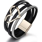 Multilayer Bohemian PU Leather Love Heart Wrap Bracelet Bangle Crystal Rhinestone Beaded Leopard Print Wristband Bracelet for Women Men Boho Cuff Jewelry Gift