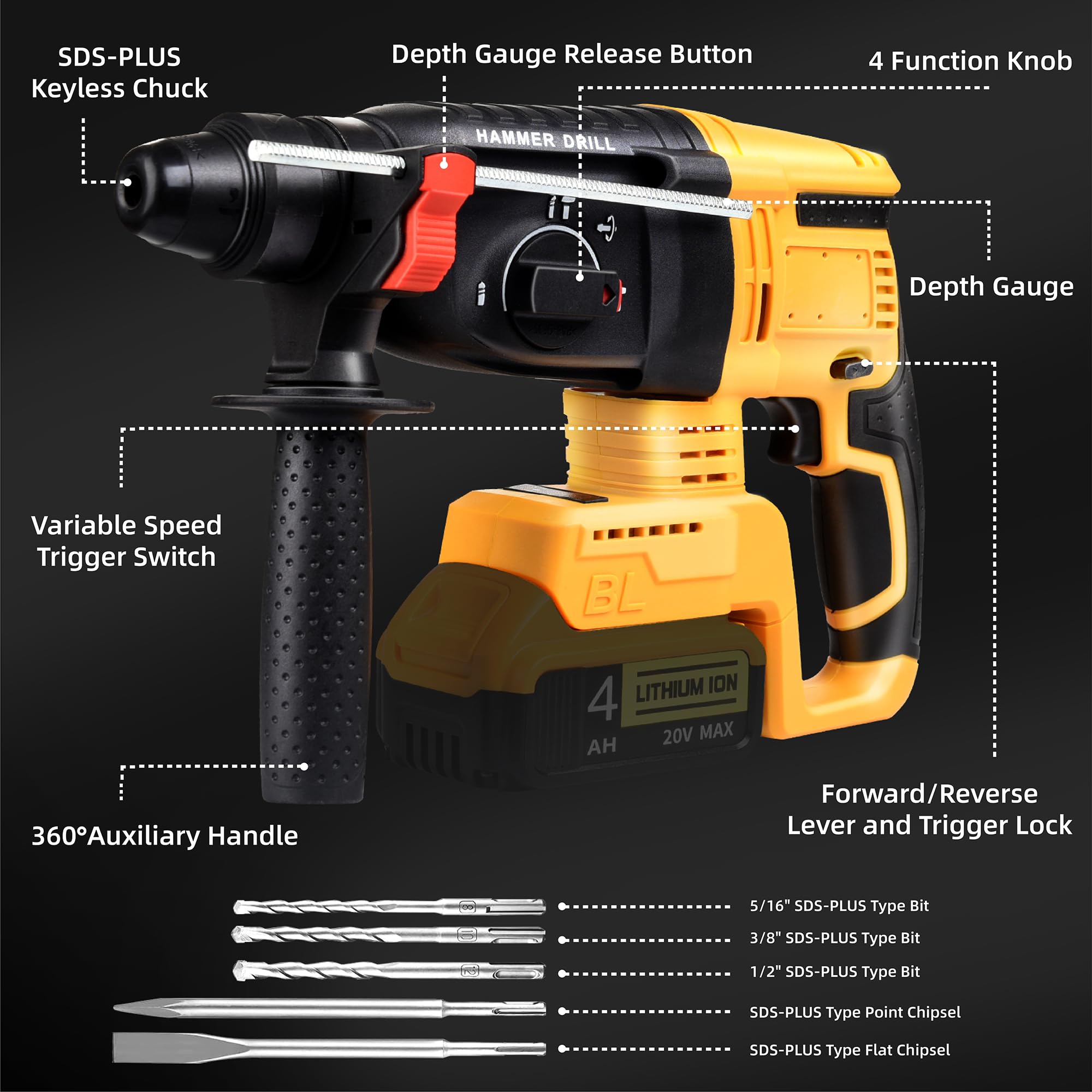 SDS-Plus Cordless Rotary Hammer Drill Compatible with Dewalt 20V Battery(NO Battery) Brushless Motor, Safety Clutch, 4 Functions with 5 Drills and Carrying Case for Concrete/Masonry/Wood/Metal