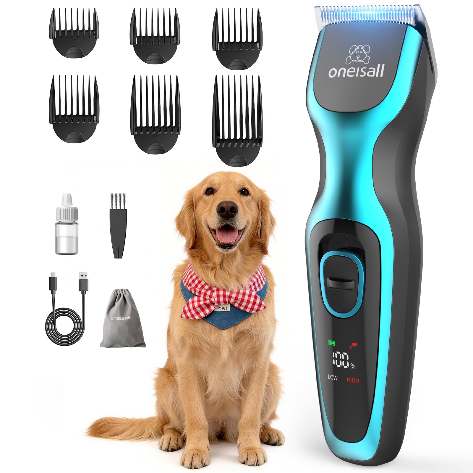 oneisall Dog Clippers Professional for Thick Hair, Heavy-Duty Grooming Kits with Detachable Metal Blade, Low Noise, 210 Min Run Time, Cordless Pet Shaver for Cockapoo Poodles