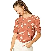Allegra K Women's Floral Blouse Crew Neck Valentine's Day Casual Shirred Short Sleeve Top