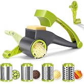 Masthome Cheese Grater, 4 Stainless Steel Drums with 1 Replacement Handle | Hand Crank Design for Hard Parmesan Cheese,Nuts,Vegetable&amp;Fruit; Large Feeding Hopper, Detachable Parts, Dishwasher Safe