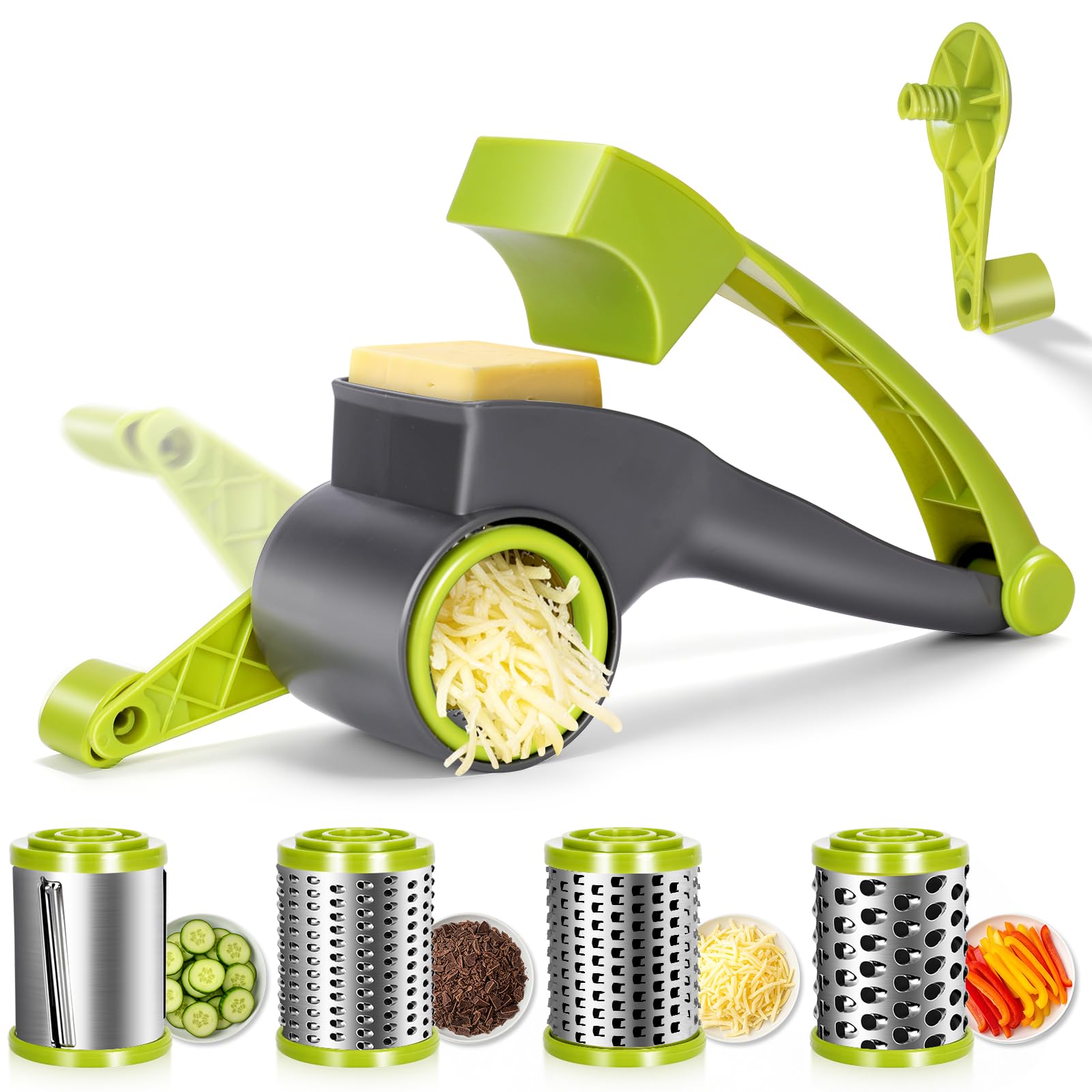Masthome Rotary Cheese Grater,Manual Hand Crank Cheese Grater with 4 Stainless Steel Drums,Multifunction Kitchen Grater for Hard Cheese,Nuts,Chocolate,Vegetables,Green & Grey