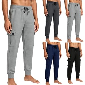 Waffle Knit Mens Cargo Pants Elastic Waist Drawstring Tapered Joggers Stretch Slim Fit Sweatpants with Multiple Pockets