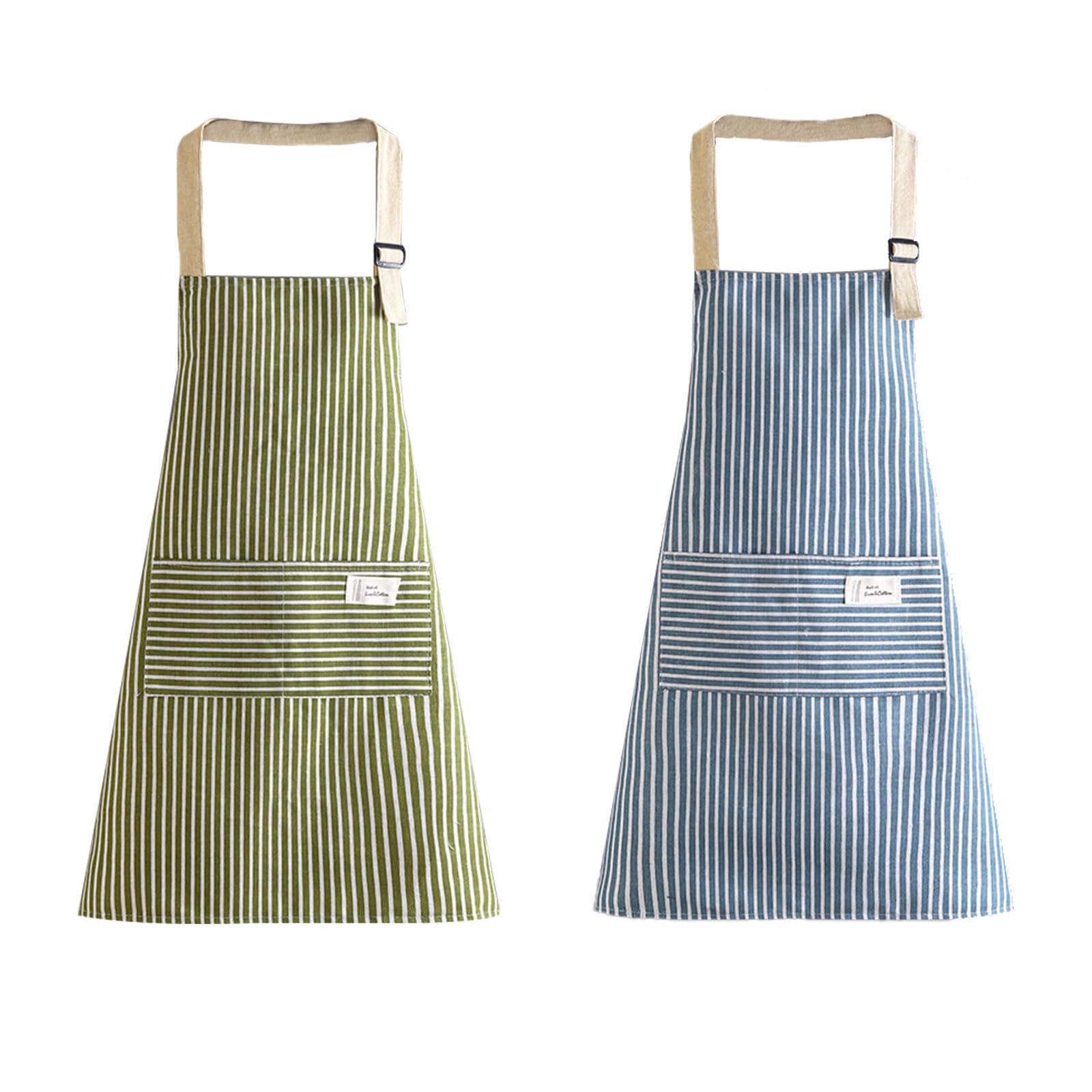 EUPSIIU 2 Pcs Stripe Bib Apron With Pockets, Adjustable Chef's Apron for Women (Green, Blue)