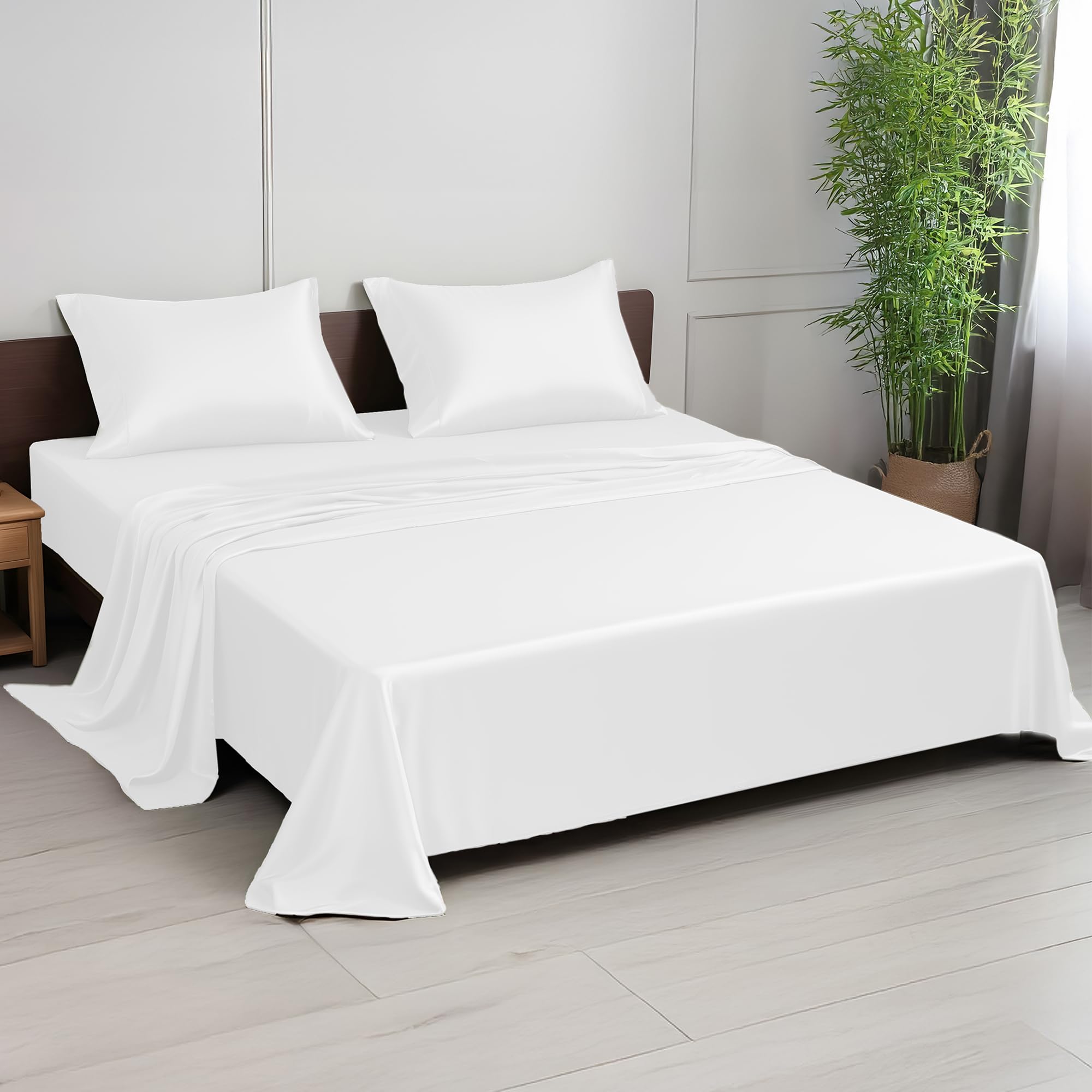 LINENWALAS Emperor Bed Sheet Set, 300 Thread Count Bamboo Bedding Set, Cooling Sateen Weave Silk Sheets Set with 1 Fitted Sheet, 1 Flat Sheet & 2 Pillowcases (White)