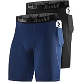 Runhit 2 Pack Mens Compression Shorts with Pockets 9" Performance Spandex Underwear Sport Athletic Workout Running Base Layer