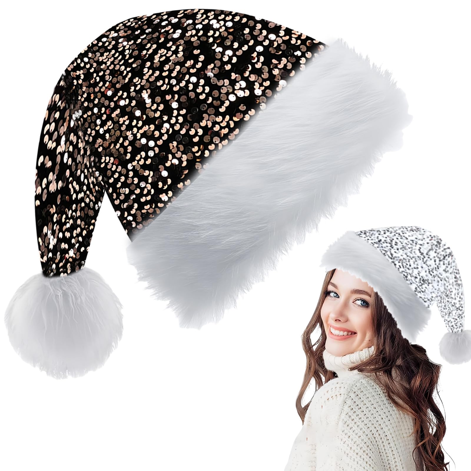 Black Champagne Santa Hat Christmas Hat 35*45cm for Adults,Kids,Shiny Sequin Xmas Hat Plush Santa Claus Hat,Unisex Velvet Father Christmas Hat Costume,Christmas Party Hat Cap for Xmas New Year Party