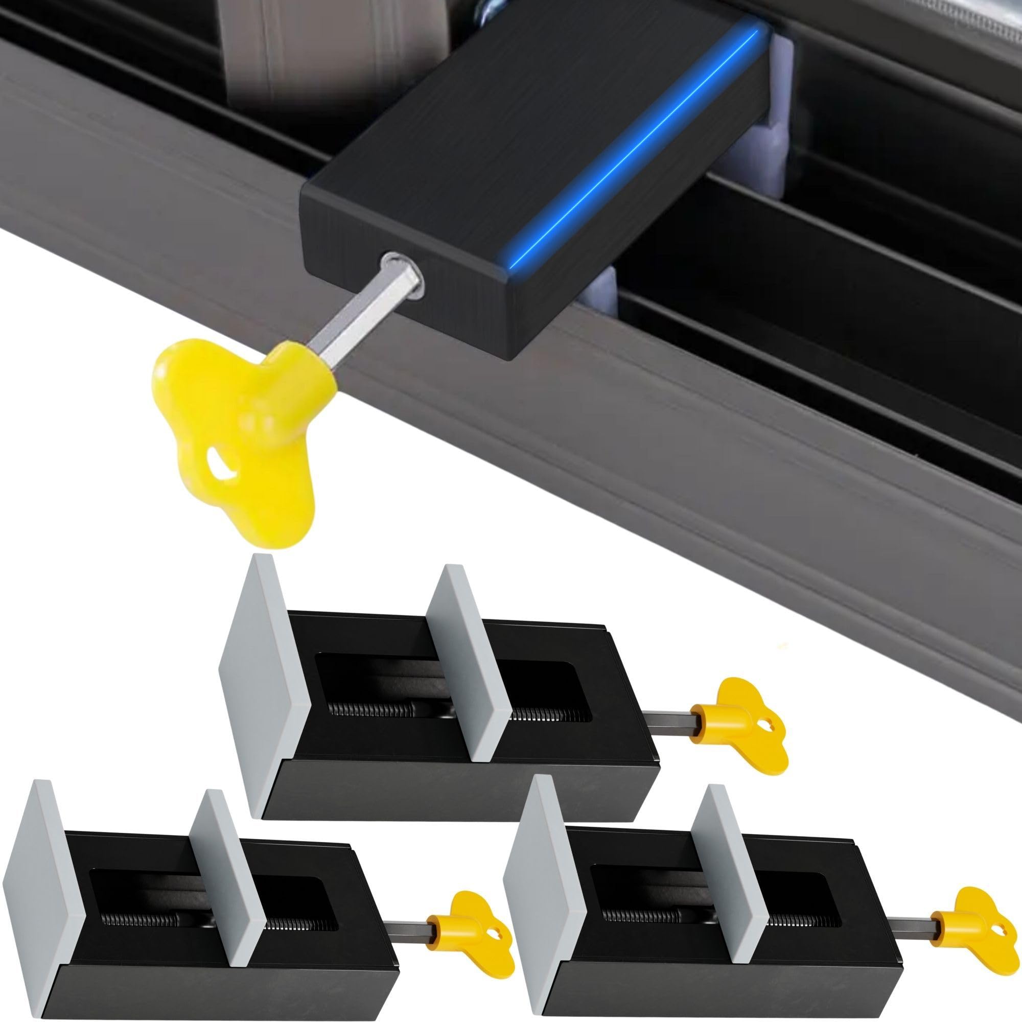 Pack of 3 Aluminium Locks for Sliding Windows – Sliding Door Lock – Lock to Ensure Security Window – Adjustable Security Windows Stops with Keys Included. (Black)