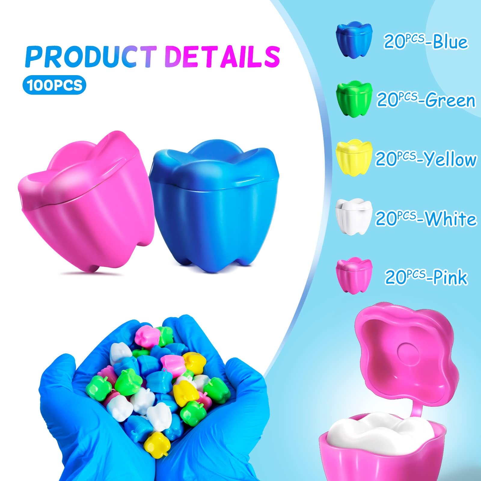 VIRHWOEA 100 PCS Colorful Tooth Savers, Plastic Tooth Boxes for Lost Teeth, Tooth Holders Savers for Kids Boys & Girls at School, Keepsake, Goodie Bag Fillers, Party Favor, Dentist Office, 5 Colors