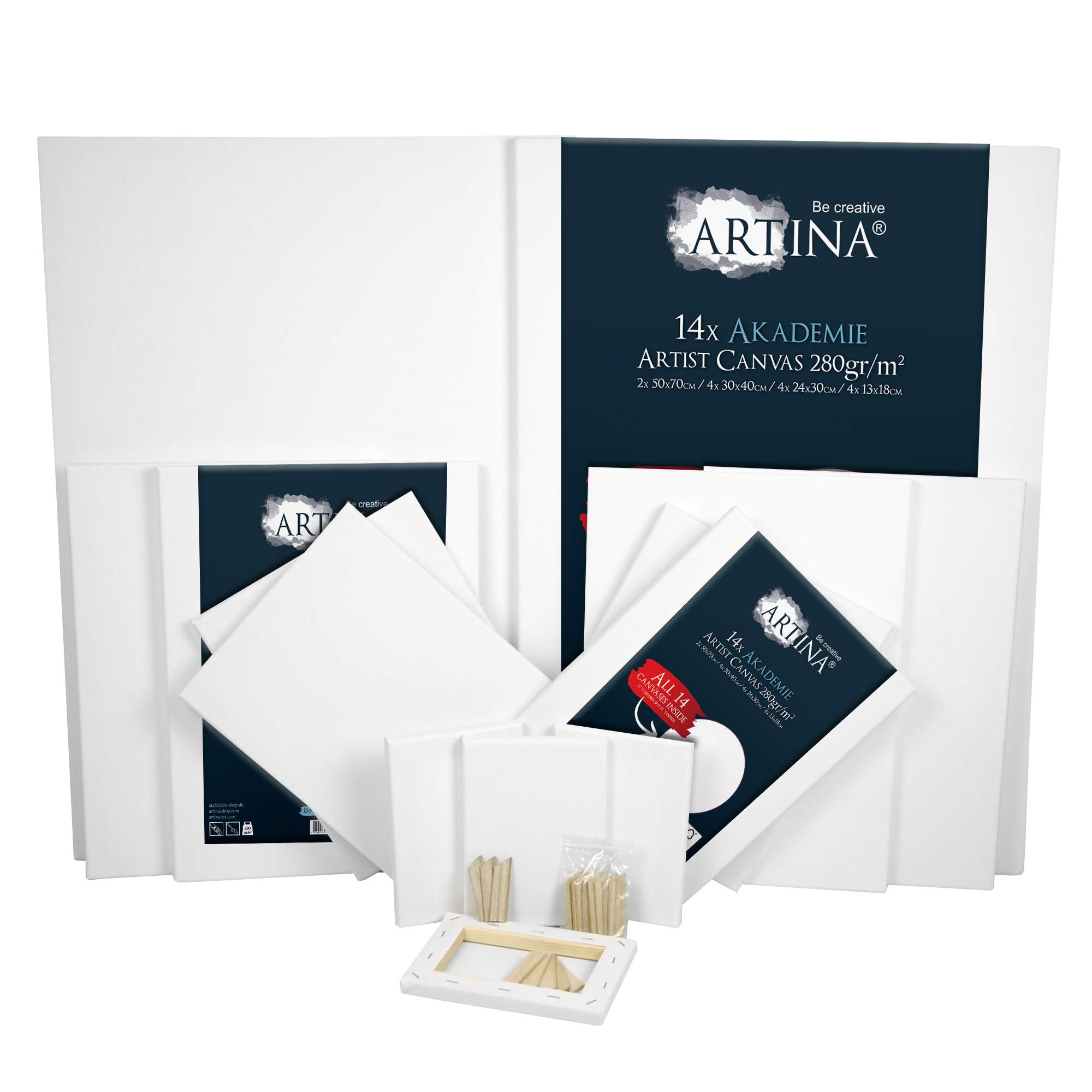 Artina FSC Canvas Set 14pcs Akademie 50x70, 30x40, 24x30, 13x18 cm – 100% Cotton Canvas Stretcher Frame 280 g/m² - Blank Canvases for Art for Acrylic, Watercolour & Oil Painting