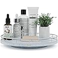 12" Oak Bathroom Vanity Tray Turntable for Perfume Candle, Round Wooden Decorative Tray for Kitchen Sink Countertop Organizer, Bathroom Counter Organizer for Skincare Makeup, Rustic White