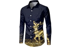 Men's Christmas Shirts Long Sleeve Button Down Dress Shirts Funny Xmas Printed Casual Loose Fit Holiday Party Tops
