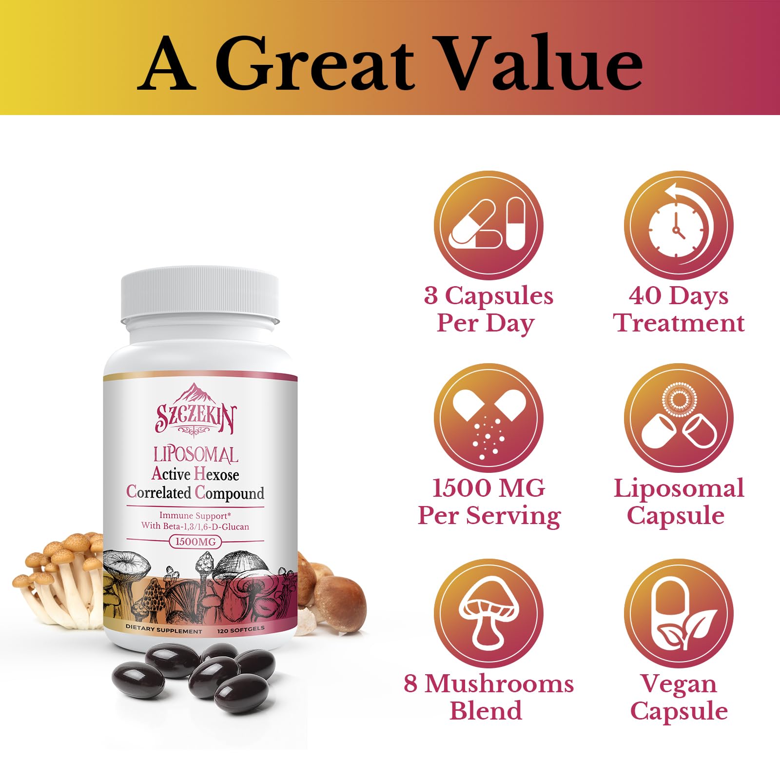 1500mg Liposomal Active Hexose Correlated Supplement,1200 Soft Gels Beta-Glucans with Natural Mushroom Extract, Immune System, Liver Function, Maintain T-Cell & Killer Cell Activity