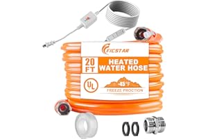 Ficstar 20FT Heated Water Hose for RV, Heated Drinking Water Hose Antifreeze to -45°F, Water Heater Thermostat with Self-regulating Function, 5/8" I.D. with 3/4" GHT Adapter, Lead and BPA Free,No Odor