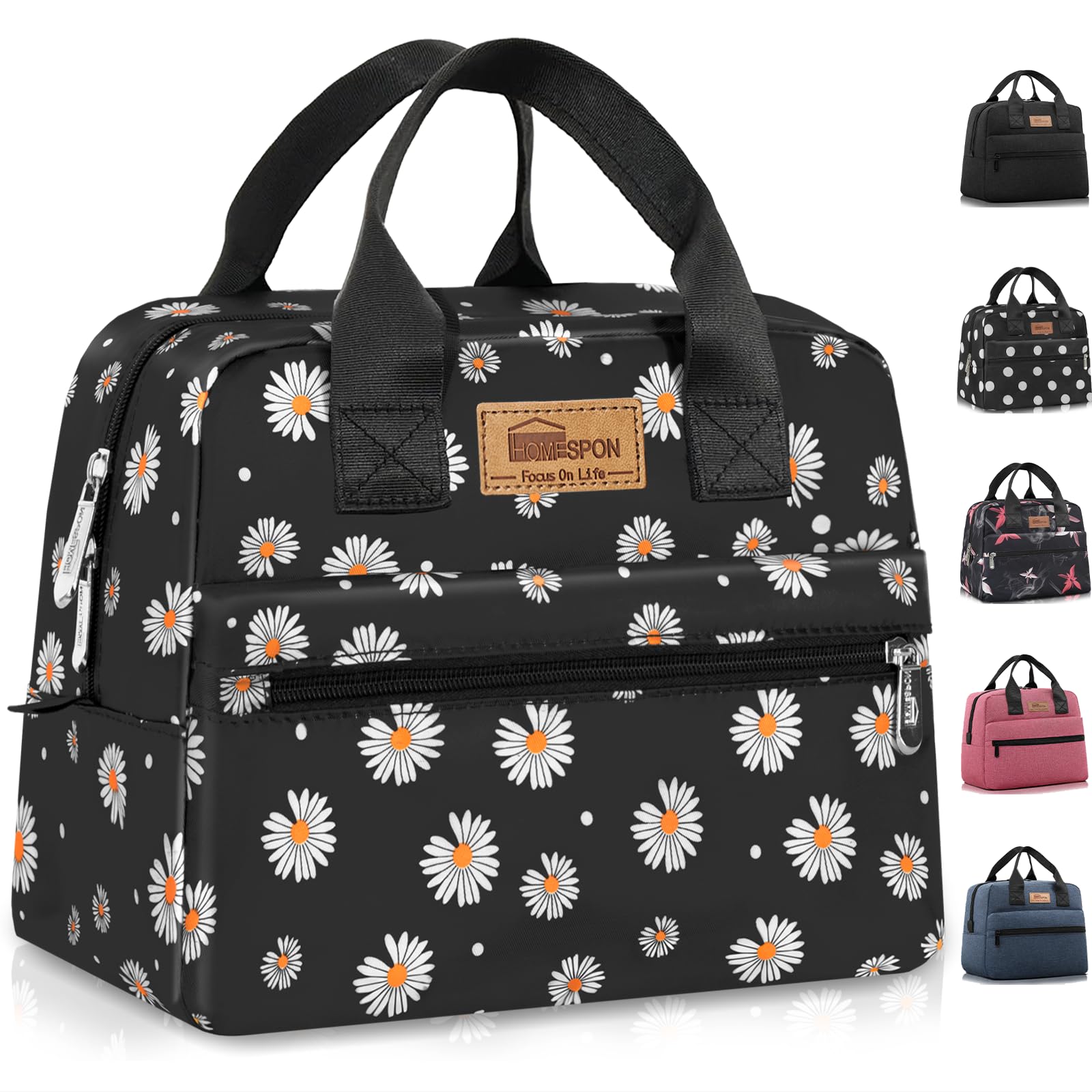 HOMESPON Insulated Lunch Bag for Women Men Work Adult Cool Bag Lunch Box Large Capacity Ladies Tote Bag(Black Daisy)