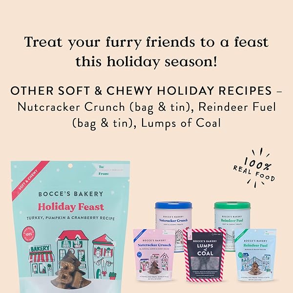 BOCCE’S BAKERY HOLIDAY FEAST RECIPE TREATS FOR DOGS, WHEAT-FREE EVERYDAY DOG TREATS, MADE WITH REAL INGREDIENTS, BAKED IN THE USA, ALL-NATURAL SOFT & CHEWY COOKIES, TURKEY, PUMPKIN & CRANBERRY, 6 OZ