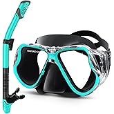Greatever Dry Snorkel Set,Panoramic Wide View Anti-Fog Scuba Diving Mask,Professional Snorkeling Gear for Adults Kids