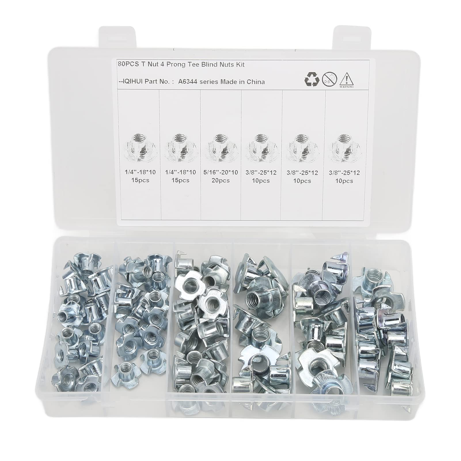 Tissting 80 Pcs Four-Pronged Tee Nuts Kit, 1/4" 5/16" 3/8" Zinc Plated Steel Pronged Tee Nut, Tee Nuts 4-Prong Threaded Inserts for Wood, Metal, Steel Sheeting, Captive Blind Connecting Bolt Fixings