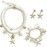 KAKUPPA 3PCS Gold Seashell Mermaid Jewelry Set for Women, Seashell Necklace and Starfish Bracelet Earrings, Mermaid Costume Accessories for Beach Party Hawaiian Vacation and Photo Prop