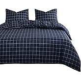 Wake In Cloud - Grid Comforter Set, Preppy Geometric Plaid Checkered Modern Pattern Printed, Soft Lightweight Bedding, 3 Pieces, Navy, Twin/Twin XL Size