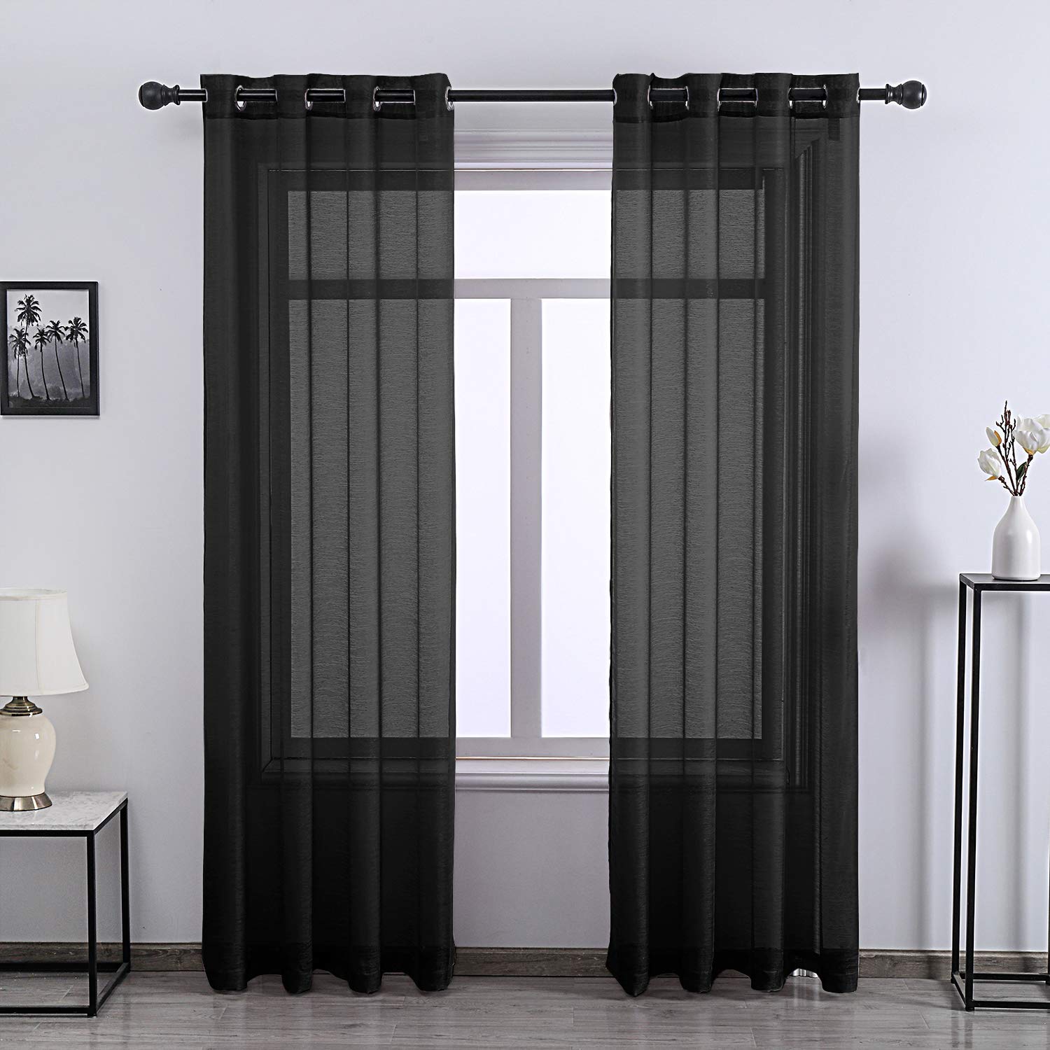 DONREN Black Semi Sheer Curtains Bedroom Home Decoration Solid Voile Panels with Ring Top 52 Wide x 84 Inch Long 2 Panels