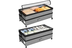 Kitstorack Under Bed Storage with Wheels 2Pack Height-adjustable Under Bed Storage Containers,Under Bed Shoe Storage Organizer with Clear Window&Label, Suitable for Clothes Storage, Gray