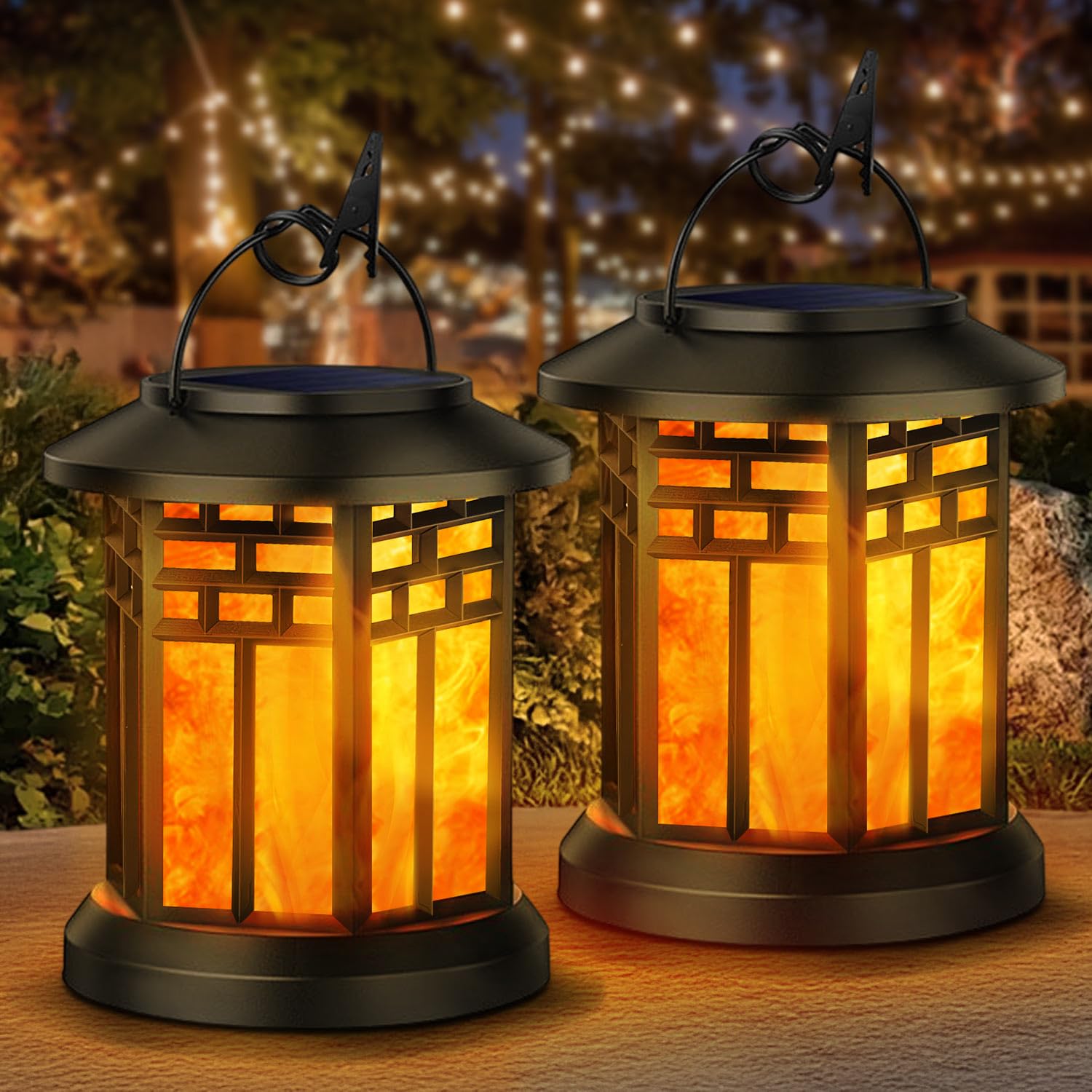 KALAHOL 2 Pack Solar Lanterns Outdoor Garden, Hanging Solar Garden Lanterns with Realistic Flickering Flame, Waterproof Decorative Solar Garden Ornaments for Garden, Pathway, Patio, Table (Grid Style)