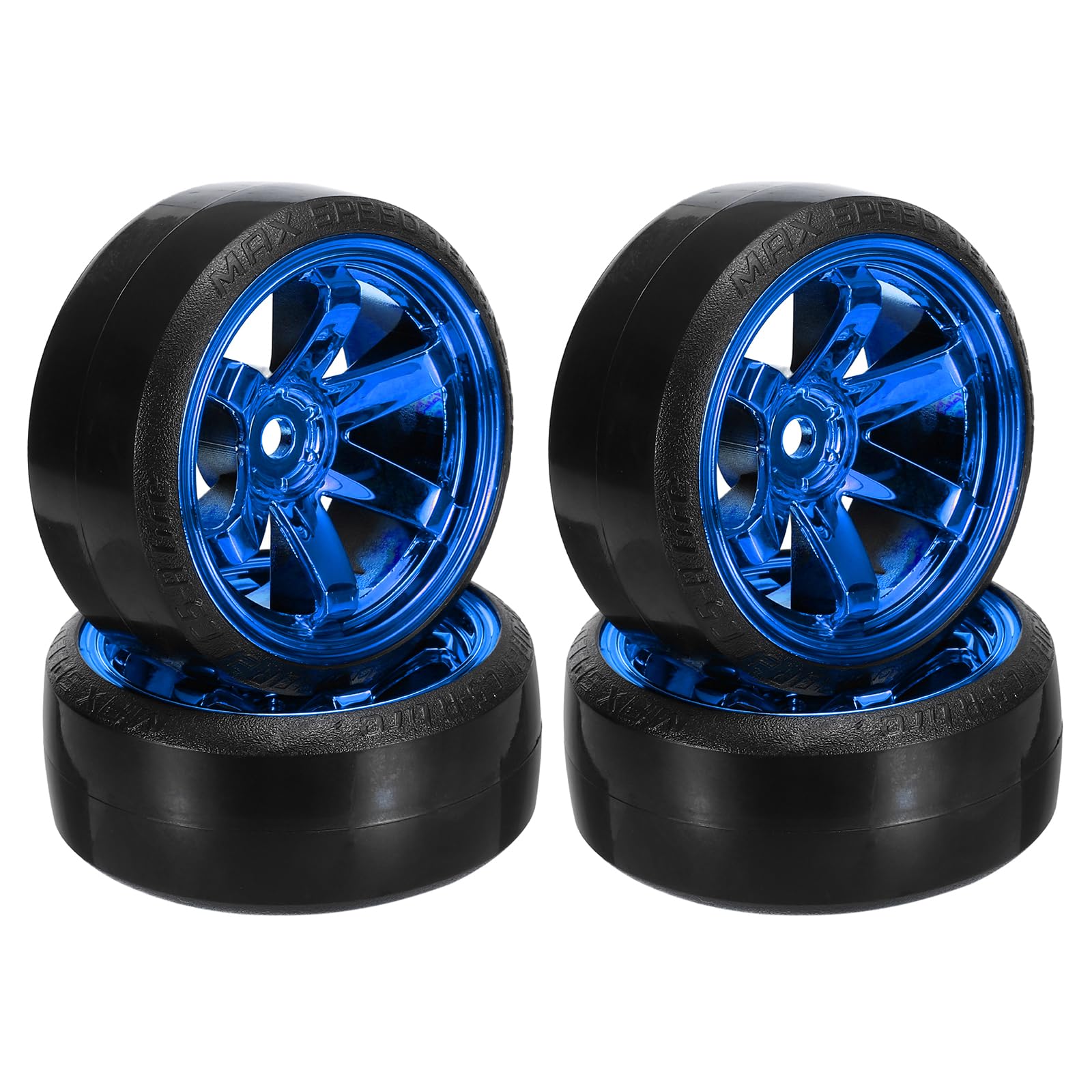 sourcing map 4Pcs 1/10 Drift Car Tires 6-Spoke Hex RC Hub Wheel Rims with Plastic Tires Hard Tyre Replacement for On-Road Drifting Vehicles, Bright Blue — image 1
