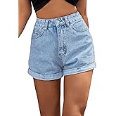 SweatyRocks Women's High Rise Roll Up Hem Straight Leg Denim Jean Shorts with Pocket