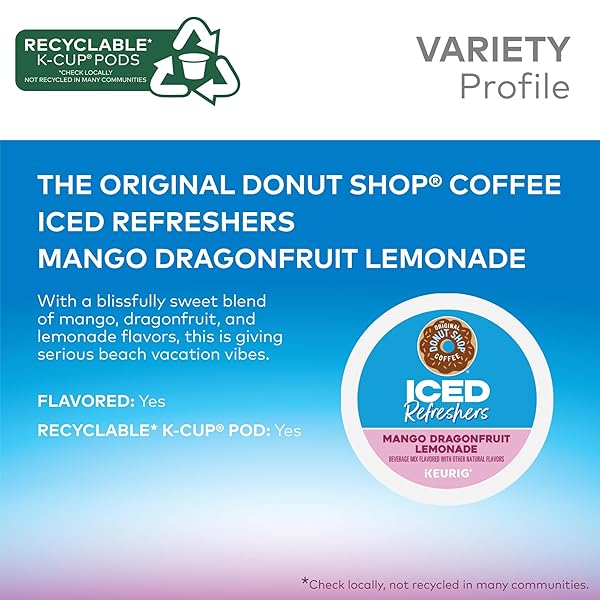 THE ORIGINAL DONUT SHOP ICED REFRESHERS, MANGO DRAGONFRUIT LEMONADE FLAVOR, KEURIG SINGLE SERVE K-CUP PODS, 20 COUNT