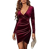 JECEIKA Velvet Dress for Women Wrap V Neck Long Sleeve Ruched Midi Dresses for Cocktail Evening Party