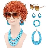 DACHAO Women Short Curly Orange Red Wig 5Pcs Set with Sunglasses Blue Necklace Bracelet and Earrings for Party Cosplay Halloween Costume Wig
