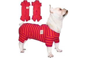 TONY HOBY Female/Male Dog Pajamas, Dog Jumpsuit 4 Legged Pajamas with Stripes, Soft Cotton Dog Onesies for Comfortable Sleep (Rose Red&Orange, Boy, M)