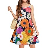 Seechoslo New 6-14 Years Girls Summer Dress Casual Spaghetti Strap A-Line Sundress with Adjustable Straps