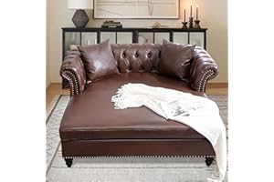 Vaztrlus 63" Oversized Chaise Lounge Chair, Double Chaise Lounges Sofa, Faux Leather Chesterfield Sofa Indoor with 2 Pillows and Rolled Arm Loveseat Chaise Lounge (Brown)