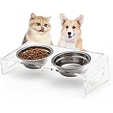 Tilted Raised Elevated Food and Water Bowls Stand for Cat or Small Dogs - Puppy's Clear Acrylic Stainless Steel Dishes Holder