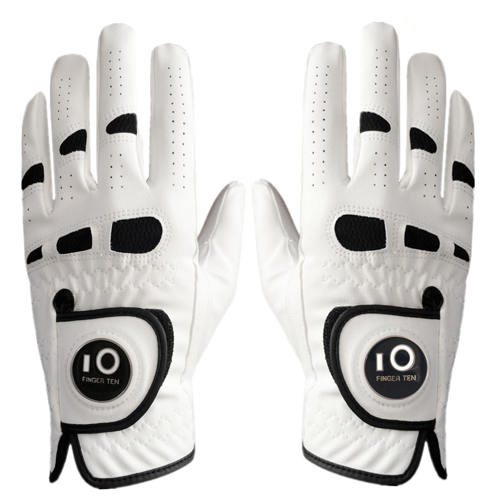 FINGER TEN Golf Gloves Mens Left and Right Hand All Weather Grip Cabretta Leather Weathersof Value Pair, Golf Gloves for men Rain Grip Breathable Wear Resistant (Beige, L)
